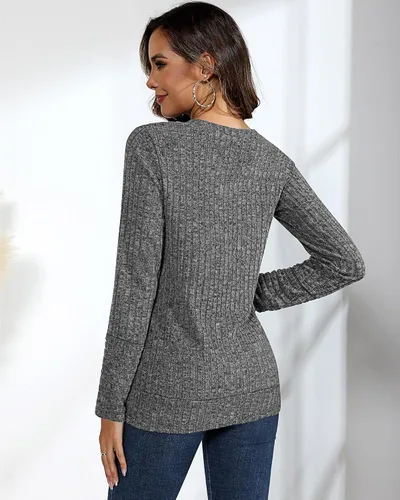 Miniatura 4 de Ficerd Paquete de 2 suéteres de manga larga con cuello en V para mujer, ligeros, color sólido, estilo casual