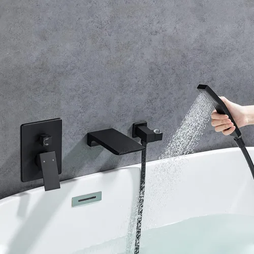 Miniatura 6 de Grifo de llenado de bañera romana con boquilla de cascada montado en la pared, grifo de ducha de bañera de una sola manija con ducha de mano
