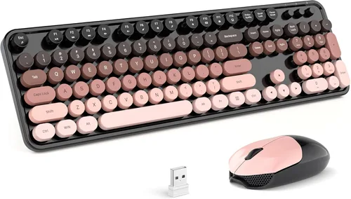 Miniatura 180 de KNOWSQT Combo de teclado y ratón inalámbrico, teclados lindos de tamaño completo estilo máquina de escribir 2.4G azul colorido - receptor USB Plug