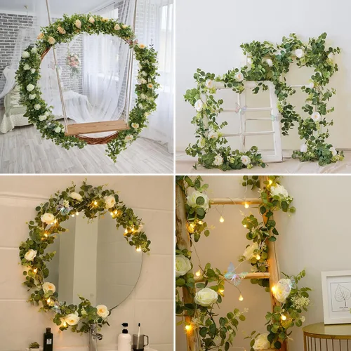 Miniatura 4 de Yastouay 2 guirnaldas de flores de 13.4 pies con mariposa, guirnalda de eucalipto artificial con flores de champán, rosa falsa de camelia