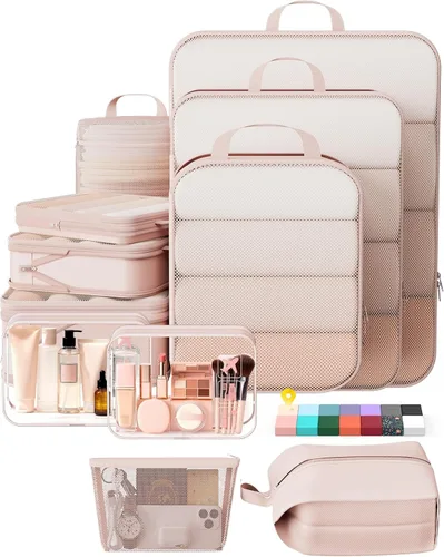 Veken Juego de 11 cubos de compresión para artículos esenciales de viaje, bolsas organizadoras compresibles expandibles grandes para ropa, bolsas de