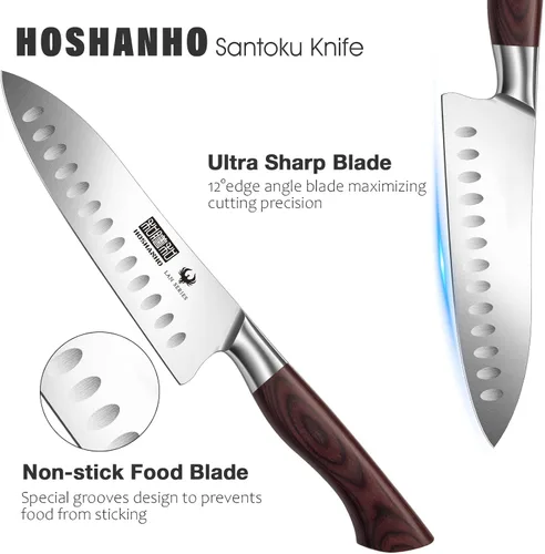 Miniatura 3 de HOSHANHO Santoku - Cuchillo de cocina profesional de acero inoxidable de alto carbono de 7 pulgadas, cuchillo de cocina súper afilado con mango