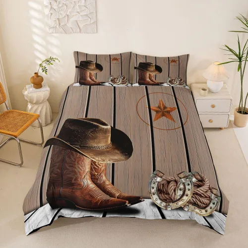 Miniatura 11 de Funda de edredón de herradura con diseño de estrellas de Texas, estilo occidental, rústico, verde azulado, juego de ropa de cama individual