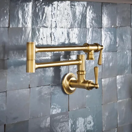 Miniatura 2 de Moen Grifo de cocina de doble junta montada en pared con brazo oscilante plegable de oro cepillado, S664BG