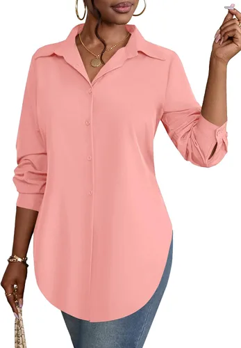 Miniatura 36 de Rooscier Blusa larga con cuello en V para mujer, manga larga, abertura lateral, con botones