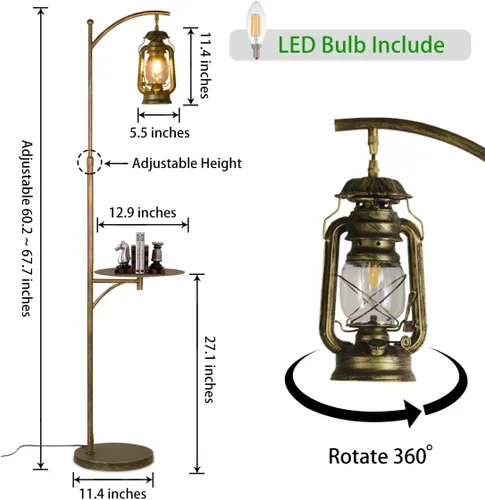 Miniatura 6 de beaysyty Lámparas de Pie Ajustables Estilo Granja con Bandeja Farol Lámpara Alta de Pie para Dormitorio Decoración del Hogar para Oficina Café Den
