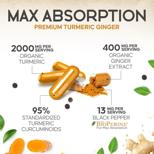 Miniatura 6 de Suplemento de curcumina de cúrcuma, 2000 mg de cúrcuma orgánica y 400 mg de jengibre orgánico por porción, 95% curcuminoides y pimienta negra