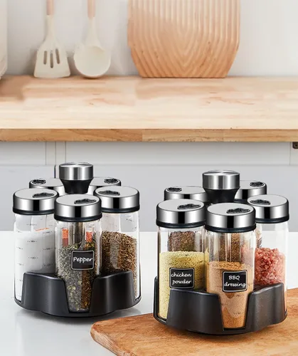 Miniatura 7 de Organizador giratorio para especias, estante giratorio para condimentos con 5 tarros grandes de vidrio de 6.8 fl oz para armario de encimera