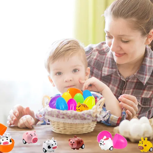 Miniatura 7 de BAINFE 12 huevos de Pascua con juguetes de automóvil para tirar hacia atrás, huevos de plástico con vehículos de animales de dibujos animados