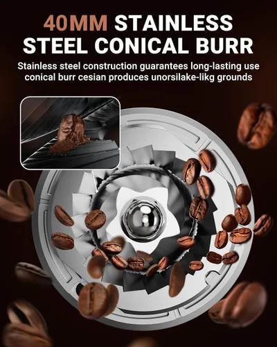 Miniatura 5 de AMZCHEF Molinillo de Café, Molinillo de Granos de Café con Rebaba para Uso Doméstico con 48 Configuraciones de Molienda Precisas, Embudo Desmontable