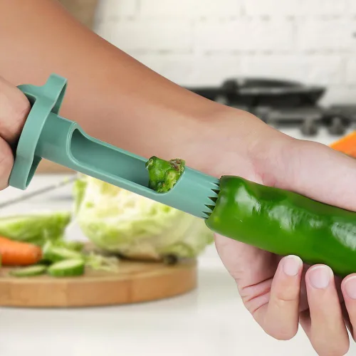 Miniatura 7 de Runsgo Descorazonador de semillas de pimiento rojo, descorazonador de frutas de acero inoxidable 2024, para verduras y frutas (1 unidad)