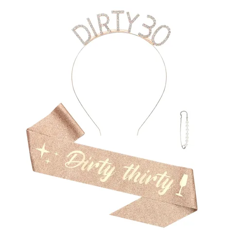 Semato Kit de diadema de 30 cumpleaños con banda y diamantes de imitación de color oro rosa sucio 30 cumpleaños decoraciones para ella
