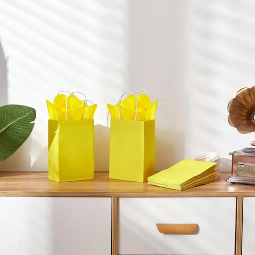Miniatura 4 de SUNCOLOR 24 paquetes de bolsas de regalo de papel amarillo con asas, 7.9x5.12x3.15 pulgadas, pequeñas bolsas de papel kraft, incluye papel de seda