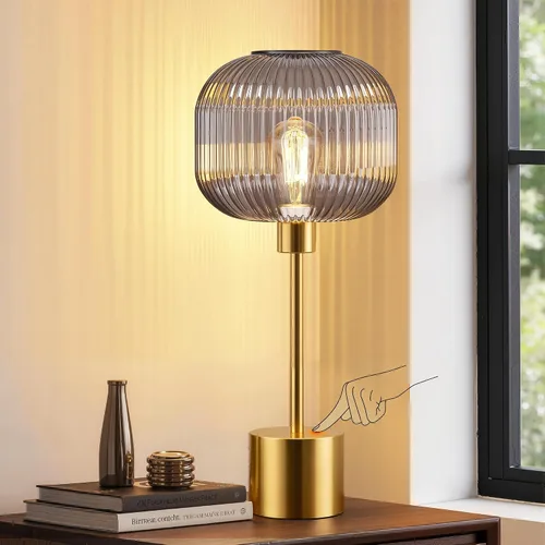 Miniatura 11 de QiMH - Lámpara de mesa de vidrio para sala de estar, lámpara de mesita moderna con pantalla de vidrio acanalada verde, lámpara de mesita de noche
