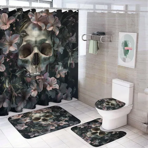 Juego de 4 cortinas de ducha de hueso de esqueleto bohemio, antideslizantes, tapadera de inodoro, alfombra de baño, vintage, rústico, floral,