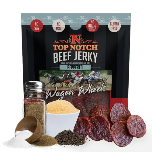 Miniatura 14 de Top Notch Wagon Wheels Jerky – Snacks altos en proteínas para niños y adultos hechos de carne de res criada localmente – Rondas sabrosas de carne
