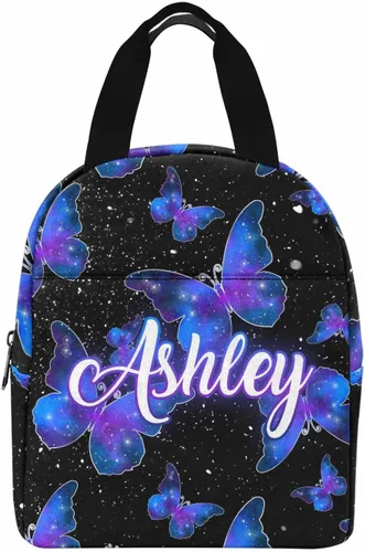 Miniatura 20 de InterestPrint Bolsa de almuerzo con nombre personalizado para hombres y mujeres, diseño de mariposa rosa y azul personalizada, caja de almuerzo