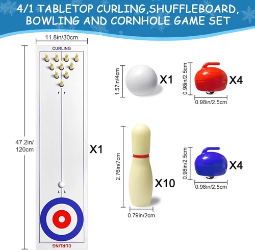 Miniatura 2 de Juego de mesa 4 en 1 para rizar, tejo, bolos y cornhole, juego familiar de 47 pulgadas para todas las edades, fácil configuración y diseño compacto