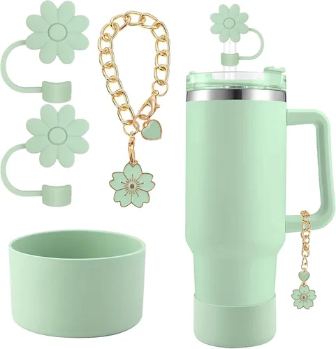 Miniatura 18 de Accesorios para juego de tazas Stanley, 2 tapas de paja de flores reutilizables de 0.394 pulgadas (0.394 in), 1 dije de mango lindo y 1 funda