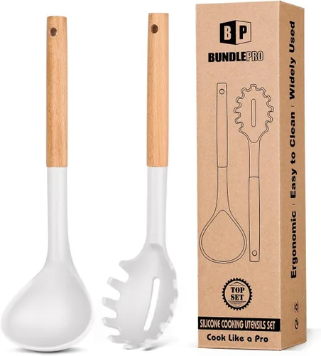 Miniatura 11 de Juego de tenedor y cucharón de silicona para pasta con mango de madera, utensilios de cocina antiadherentes resistentes al calor para cocinar, Caqui