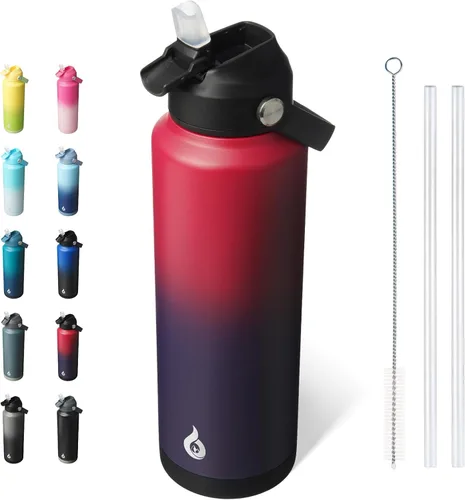 Miniatura 37 de BJPKPK - Botella de agua aislada con tapa de popote, 532 ml Botellas termo con boquilla suave, asa flexible y base antideslizante, libre de BPA, a
