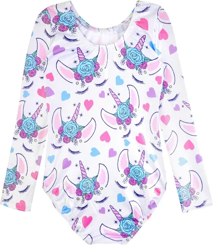 Miniatura 11 de HOZIY - Leotardos de manga larga para niñas, de gimnasia, para niños pequeños, trajes florales de unicornio, galaxia, arco iris, patrón de rayas