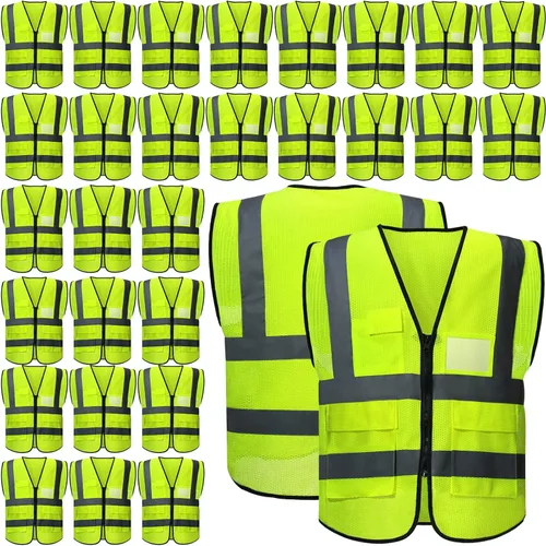 JaGely Paquete de 30 chalecos de seguridad reflectantes con bolsillos, chaleco de construcción de malla de alta visibilidad para hombres y mujeres,