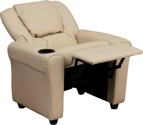 Miniatura 10 de Flash Furniture - Sillón reclinable contemporáneo para niños, color beige vinilo con base para vasos y reposacabezas