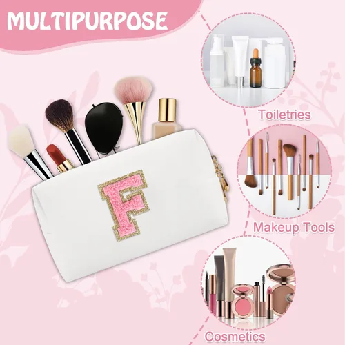 Miniatura 4 de Biileen Bolsa de Maquillaje Preppy Personalizada con Inicial Pequeña Bolsa de Viaje Linda con Letra de Chenilla, blanco-1, F