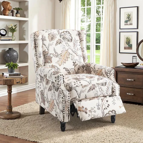 Miniatura 55 de Silla reclinable tapizada, sillón de ala floral con respaldo y reposapiés ajustables, cómoda silla decorativa para leer, sofá individual