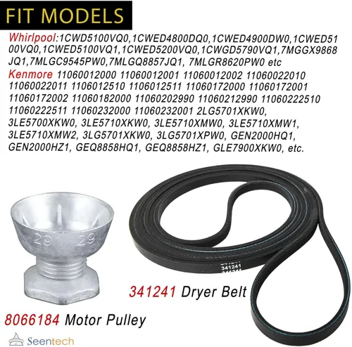 Miniatura 3 de Seentech 341241 Correa de secadora y polea de motor 8066184 - Compatible para secadoras Whirlpool, Kenmore – Reemplace