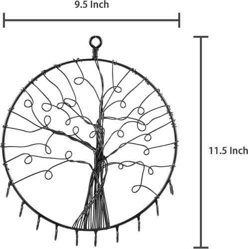 Miniatura 4 de MyGift Soporte redondo de metal para colgar en la pared, diseño de silueta de árbol de metal, aretes y ganchos para collares, negro