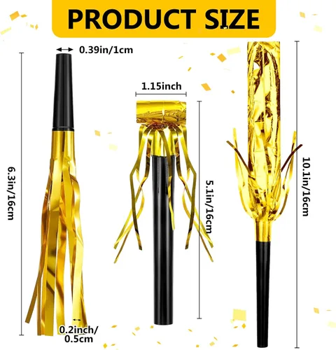 Miniatura 2 de Skylety 48 piezas de ruidos dorados con brillantina, sopladores de fiesta con flecos metálicos, cuernos para adultos, bodas, graduaciones