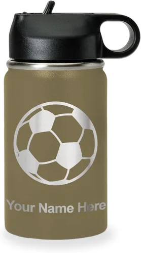 LaserGram Botella de agua personalizada, pelota de fútbol, acero inoxidable de doble pared aislada al vacío con popote superior, regalo grabado
