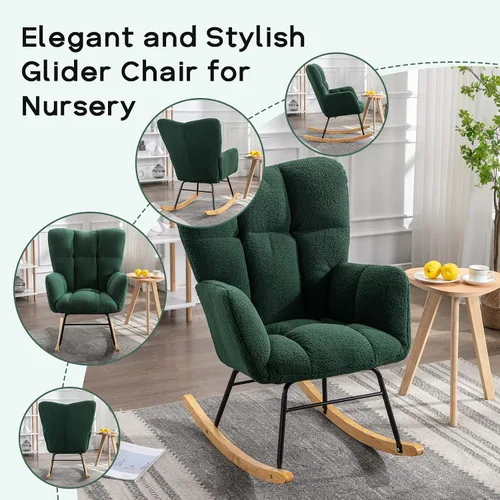 Miniatura 4 de Silla mecedora moderna para cuarto de bebé, silla deslizadora tapizada con respaldo alto, sillón de acento mecedor con patas de madera maciza