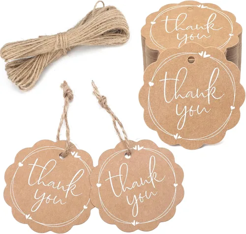 joycraft 100 etiquetas de regalo de agradecimiento con cuerda, etiquetas colgantes de papel kraft redondo festoneado marrón de 2.36 pulgadas para
