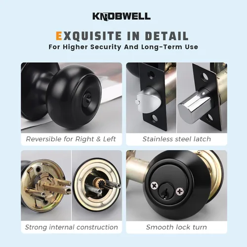 Miniatura 6 de KNOBWELL Juego de perilla de puerta y cerrojo de doble cilindro con llave, juego de cerradura de puerta exterior con cerrojo de seguridad, juego
