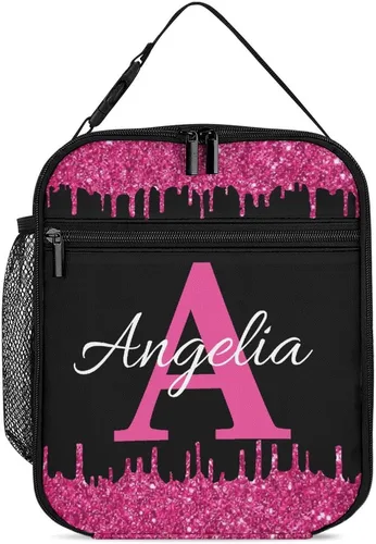 Miniatura 23 de Bolsa de almuerzo con nombre personalizado para hombres y mujeres, con monograma de purpurina azul, hielera, portátil, con nombre, para niñas, azul