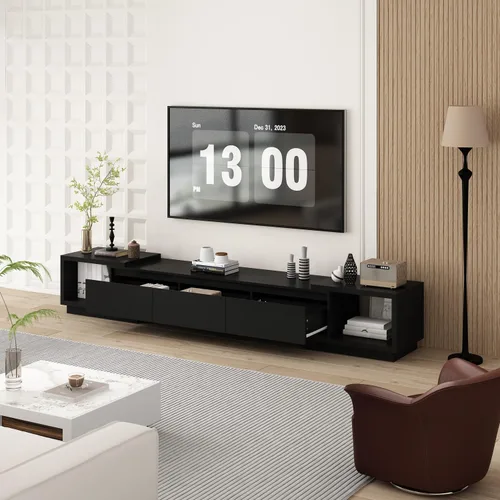 Miniatura 3 de Mesa Consola de TV Extensible Moderna Gabinete de TV con Cajones, Mesa Consola de Almacenamiento de Medios Contemporánea para Sala de Estar Negro