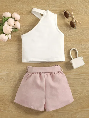 Miniatura 2 de SheIn Conjunto asimétrico de dos piezas para niña sin mangas y pantalones cortos