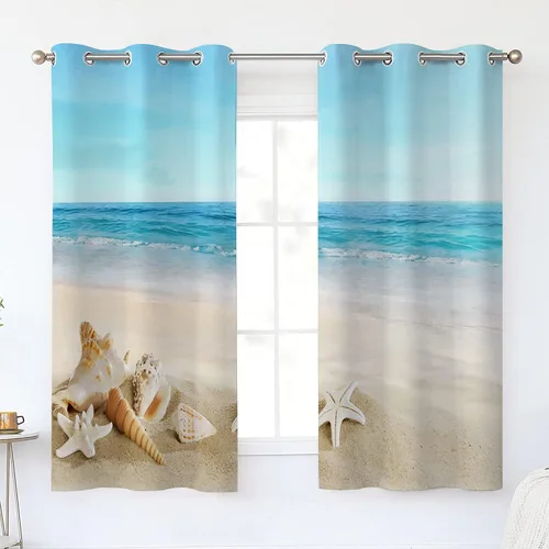 Miniatura 2 de ALALAL Cortinas de baño de playa, cortinas de cocina con diseño tropical de estrella de mar y conchas de mar, cortina de privacidad con ojales