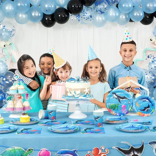 Miniatura 7 de WERNNSAI Decoraciones de fiesta de cumpleaños del océano, 64 platos y servilletas de tiburón, tazas bajo el mar, decoraciones de cumpleaños