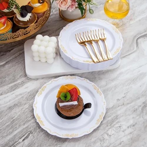 Miniatura 5 de LIYH - 200 platos de postre dorados, 100 platos de aperitivo de 7.5 pulgadas y 100 tenedores de plástico dorados de 5 pulgadas, platos para Oro