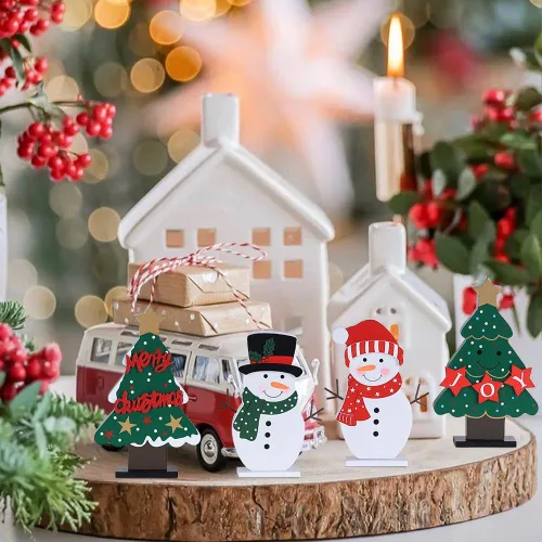 Miniatura 2 de DECSPAS Decoraciones navideñas para interiores, 4 piezas de árboles de Navidad de madera y muñecos de nieve para decoración de mesa de centro