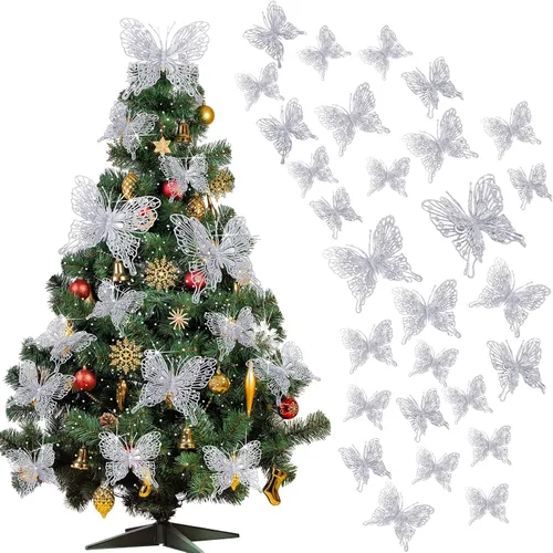 Miniatura 8 de Charniol 36 piezas de 3 tamaños para árbol de Navidad, decoraciones de mariposa hueca con purpurina, adornos colgantes con clips para manualidades