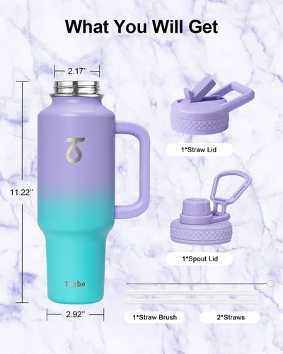 Miniatura 6 de Trebo Botella de agua de 40 onzas con aislamiento que cabe en portavasos de automóvil con asa, botellas de agua de acero inoxidable vaso con tapas