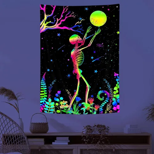 Miniatura 9 de MCKTOM Divertido tapiz de pared con luz negra, diseño de calavera y luna, diseño de esqueleto, meditación, espiritual, trippy, bohemio, flores