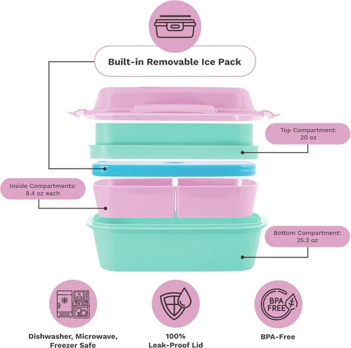 Miniatura 2 de Ultimate Bento Box - Lonchera para niños y adultos con bolsa de hielo extraíble, a prueba de fugas, contenedor de alimentos con múltiples verde