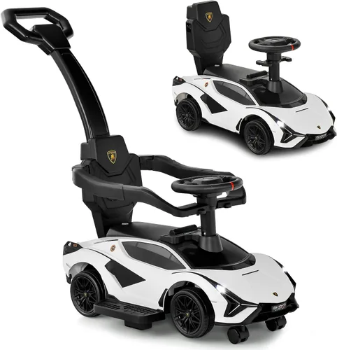 Miniatura 12 de INFANS 3 en 1 Coche de Paseo para Empujar, Silla de Paseo Licenciada Lamborghini para Bebés con Coche de Paseo Deslizante, Bocina, Música, USB, Negro