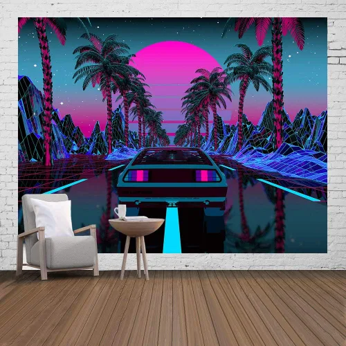 Miniatura 14 de Ine Ive Tapiz de coche de los años 80, escena urbana de la calle, palmeras, puesta de sol, cielo estrellado, tapiz de pared punk, 40 x 30 pulgadas